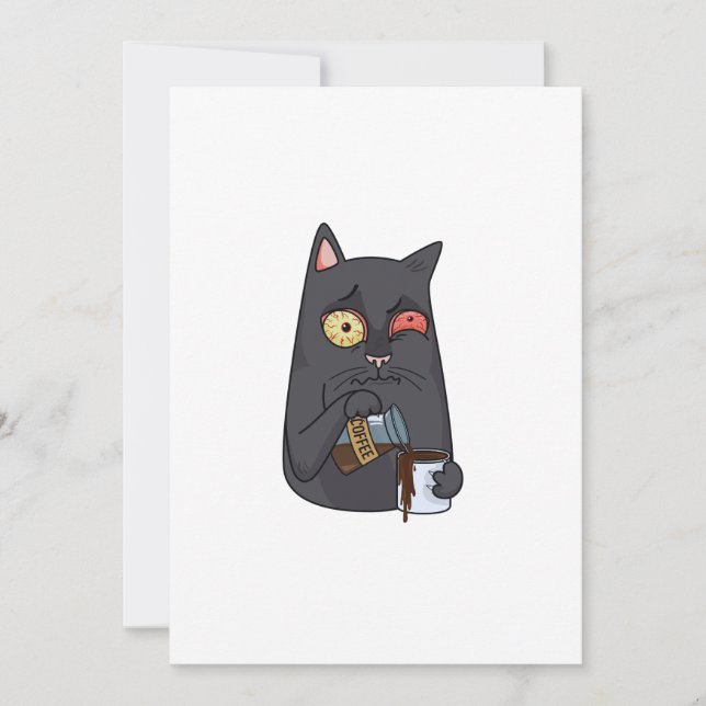 Vector black cat drinks coffee and spills past the thank you card (Front)