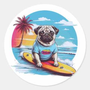 Vector dog surfing in the waves classic round sticker