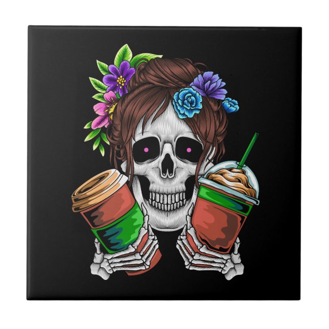 Vector female skull with ice coffee and flower tile (Front)