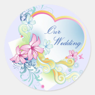 Vector Flowers And Heart Wedding Sticker-Purple Classic Round Sticker
