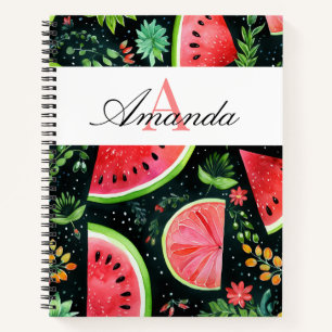 Vector Green & Black Watermelon Pattern Monogram Notebook