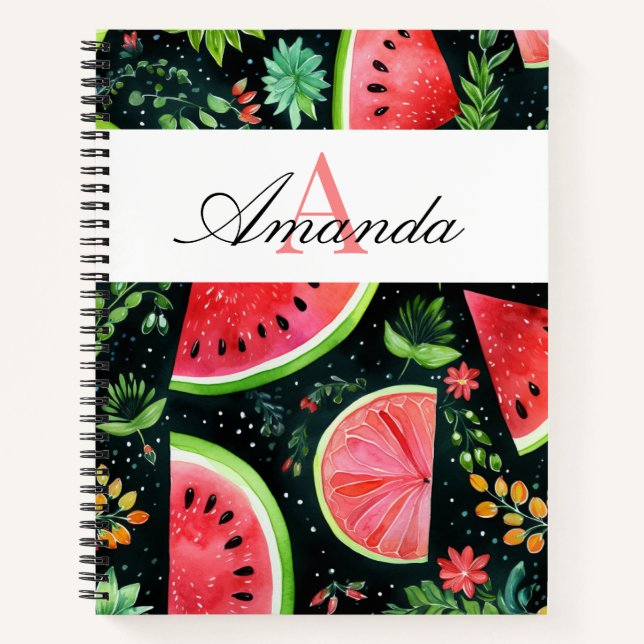Vector Green & Black Watermelon Pattern Monogram Notebook (Front)