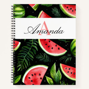 Vector Green & Black Watermelon Pattern Monogramed Notebook