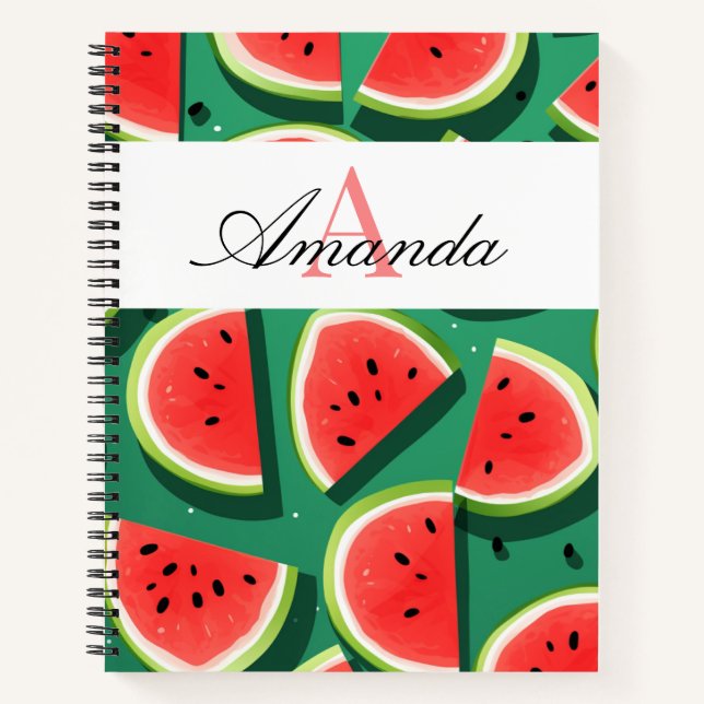 Vector Green Watermelon Slices Pattern Monogramed Notebook (Front)