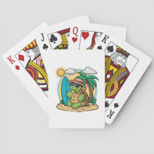 Vector illustration of a green sea turtle wearing playing cards