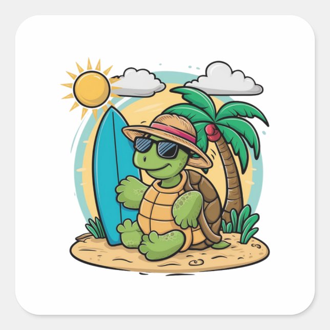 Vector illustration of a green sea turtle wearing square sticker (Front)
