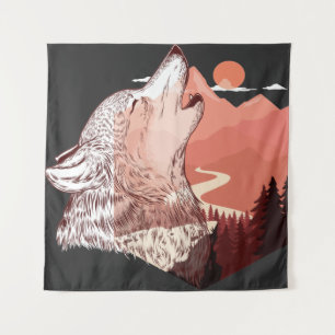 Vector illustration of a howling wolf Landscape T- Tapestry