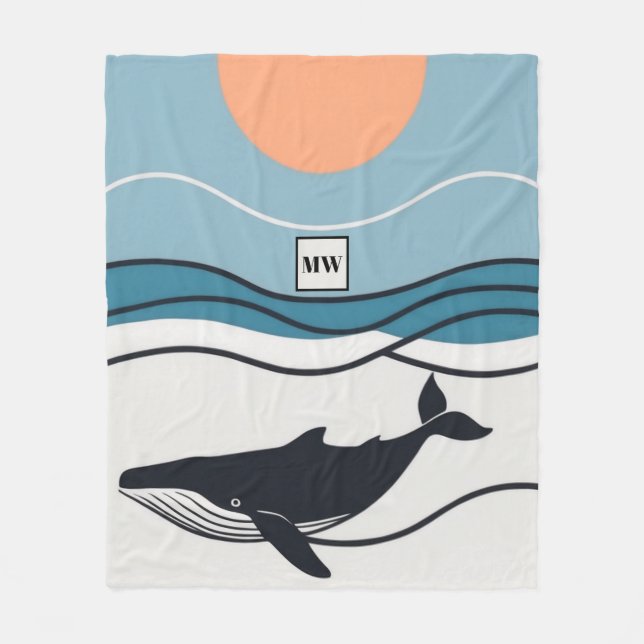 Vector minimalist whale in the ocean monogram fleece blanket (Front)