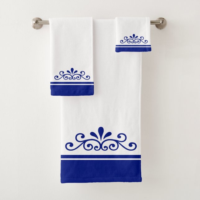 Vector Ornament & Royal Blue Stripes on Light Blue Bath Towel Set (Insitu)