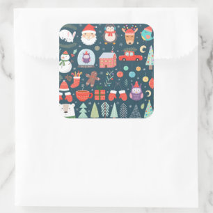 vector set-cute christmas elements santa penguin square sticker