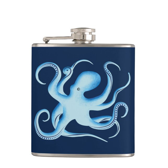 Vector Silhouette of Blue Octopus Hip Flask (Front)