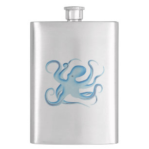Vector Silhouette of Blue Octopus Hip Flask