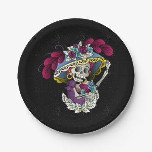 Vector skull mexican catrina paper plate