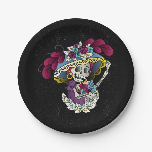 Vector skull mexican catrina paper plate (Front)