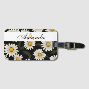 Vector White & Black Daisy Pattern Monogramed Luggage Tag