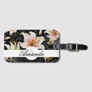 Vector White & Pink Leafy Lily Pattern Monogramed Luggage Tag