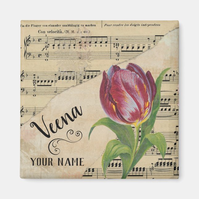 Veena Tulip Vintage Sheet Music Customised Magnet (Front)