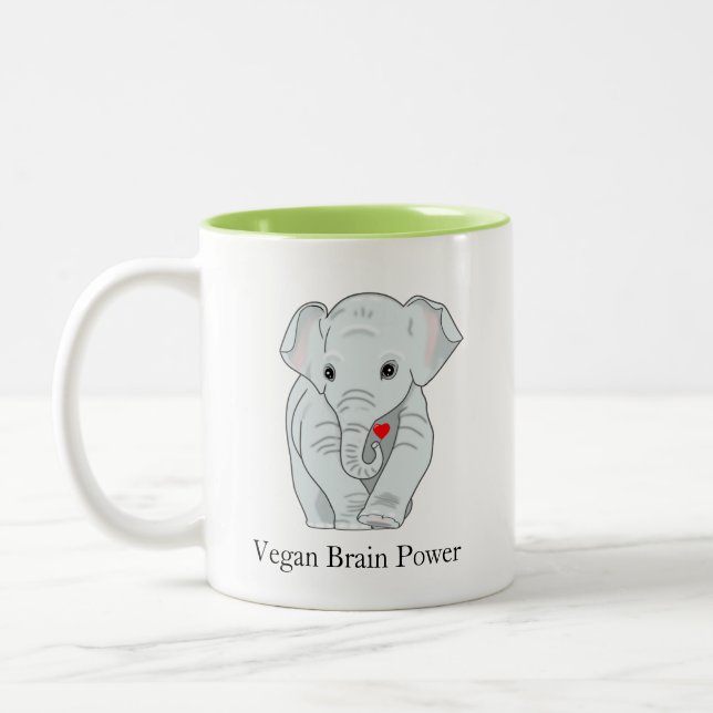 Vegan Brain Power Elephant Holding a Heart  Two-Tone Coffee Mug (Left)