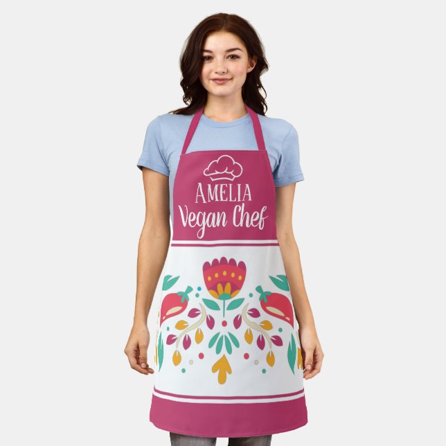 Vegan Chef floral fuchsia rose colourful Apron (Worn)