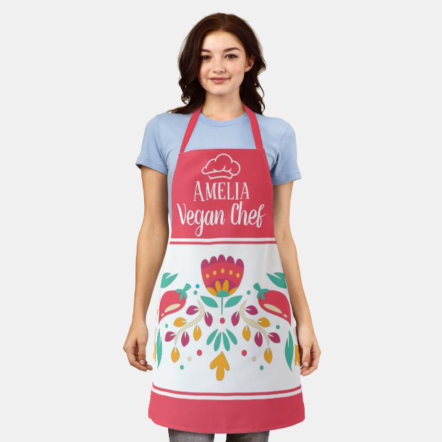 Vegan Chef hat floral radical red colourful Apron (Worn)