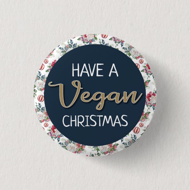 Vegan Christmas retro blue and gold wintry floral 3 Cm Round Badge (Front)
