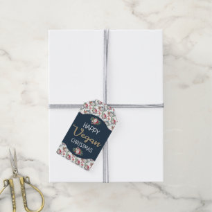Vegan Christmas retro blue and gold wintry floral Gift Tags