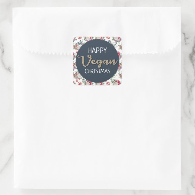 Vegan Christmas retro blue red gold wintry floral Square Sticker (Bag)