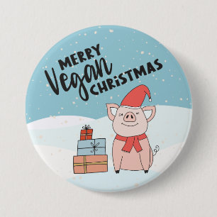 Vegan Christmas with cartoon piglet and presents 7.5 Cm Round Badge