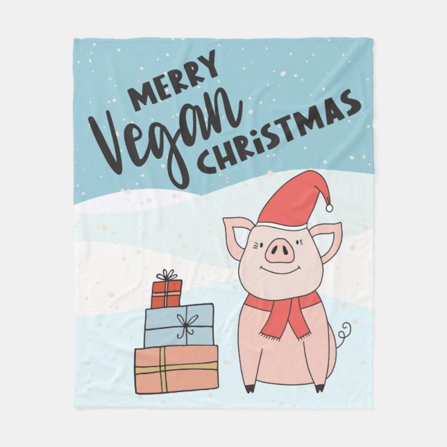 Vegan Christmas with cartoon piglet and presents Fleece Blanket (Front)