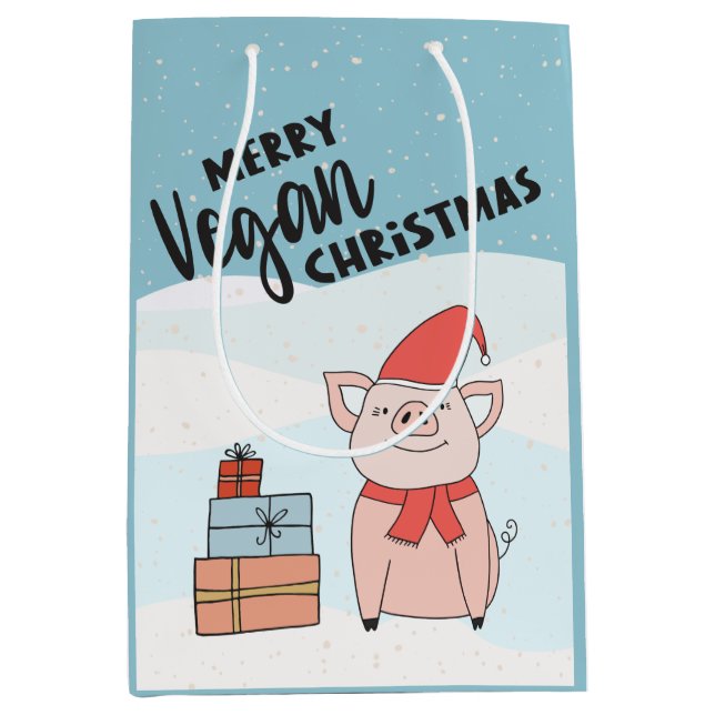 Vegan Christmas with cartoon piglet and presents Medium Gift Bag (Front)
