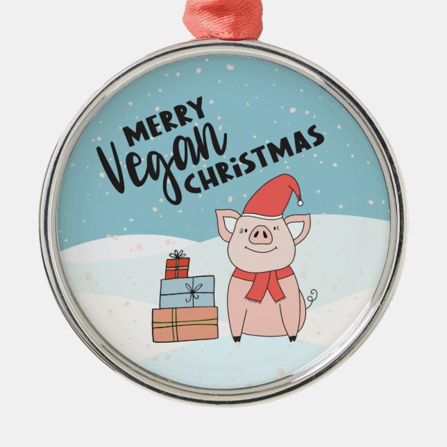 Vegan Christmas with cartoon piglet and presents Metal Tree Decoration (Front)
