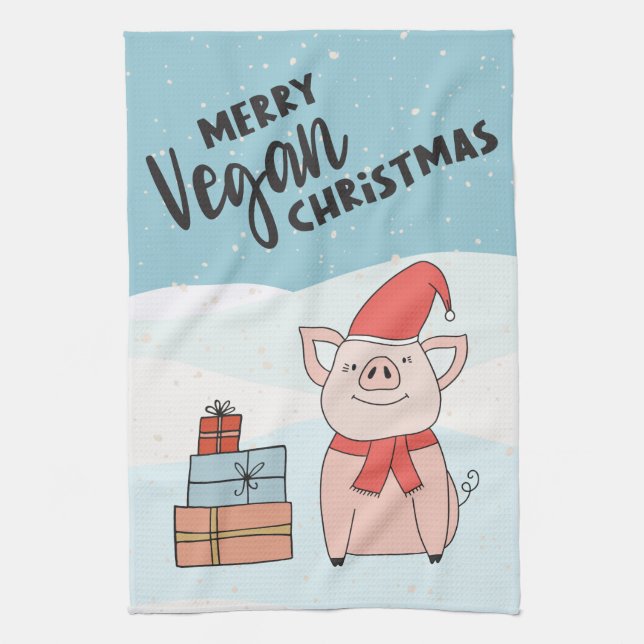 Vegan Christmas with cartoon piglet and snowflakes Tea Towel (Vertical)