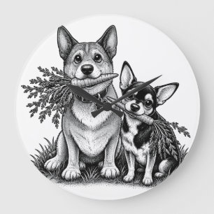 Vegan Corgi & Chihuahua with Carrots Large Clock