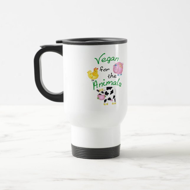 "Vegan for the Animals" with Cute Pig, Cow, & Hen Travel Mug (Left)