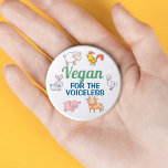 Vegan for the voiceless white cute cartoon animals 7.5 cm round badge<br><div class="desc">This "Vegan for the voiceless" badge features six cute farm animals (sheep,  rooster,  rabbit,  goose,  pig,  and cow) with green and classic blue wordings on a white background.
It makes the perfect gift for everyone who lives a compassionate meatless life.</div>