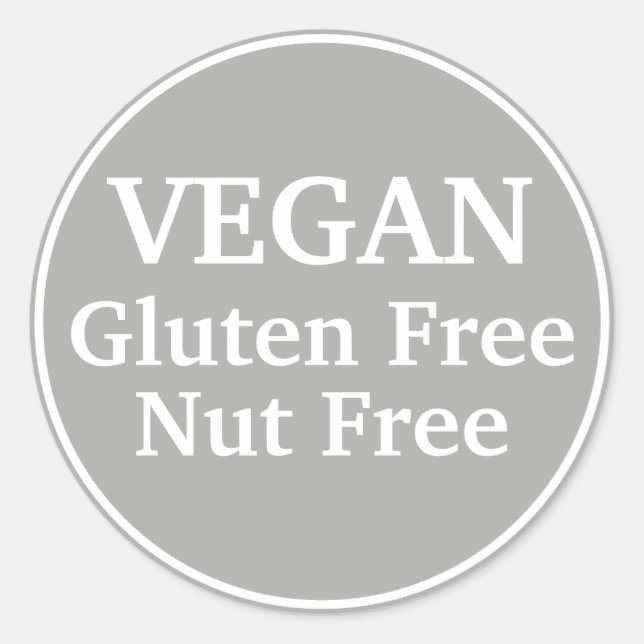 Vegan. Gluten Free. Nut-Free. Grey. Personalised Classic Round Sticker (Front)