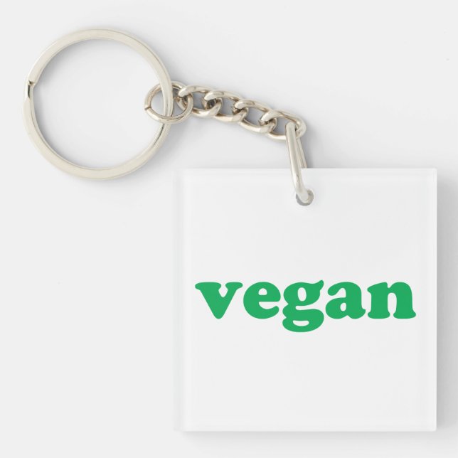 "vegan" green letters, white background key ring (Front)