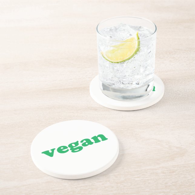"vegan" green letters, white coaster (Side)