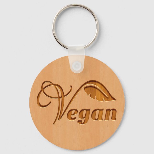Vegan logo carved in wood effect key ring (Front)