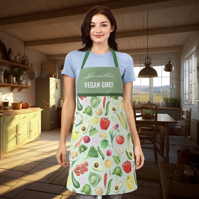 Vegan Plant Chef Cook Watercolor Kitchen Apron (Creator Uploaded)