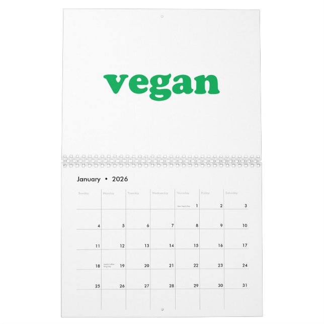 Vegan white and green modern typography calendar (Jan 2026)
