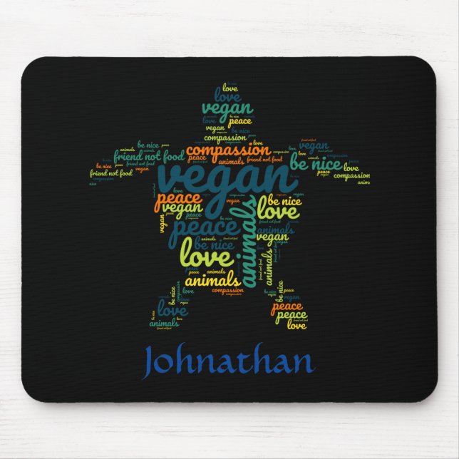 Vegan word cloud in the shape of a turtle mouse mat (Front)