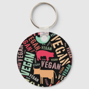 "Vegan" Word-Cloud Mosaic with Cow, Pig & Hen Key Ring