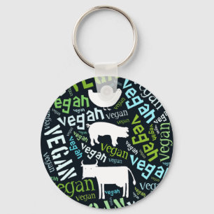 "Vegan" Word-Cloud Mosaic with Cow, Pig & Hen Key Ring