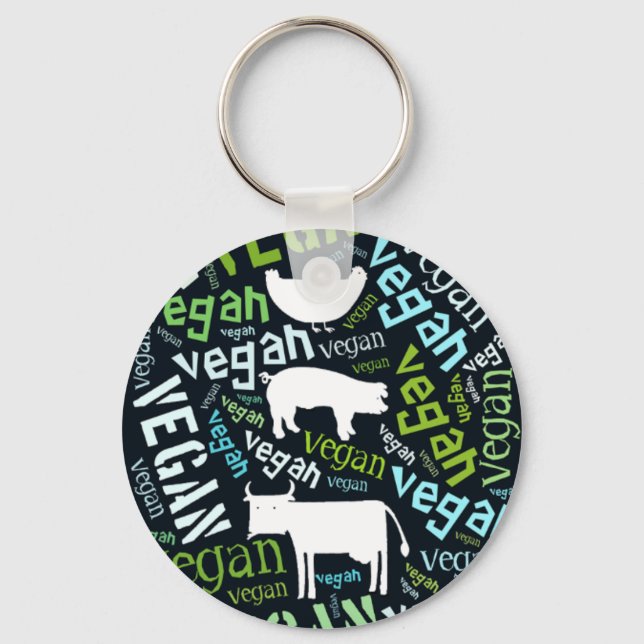 "Vegan" Word-Cloud Mosaic with Cow, Pig & Hen Key Ring (Front)