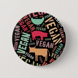 "Vegan" Word-Cloud Mosaic with Pig, Cow & Hen 6 Cm Round Badge