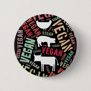 "Vegan" Word-Cloud Mosaic with Pig, Cow & Hen 6 Cm Round Badge