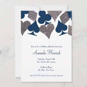 Vegas Birthday Party Navy Blue Silver Faux Glitter Invitation