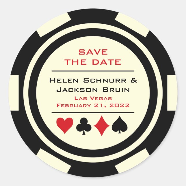 Vegas Black White Poker Chip Wedding Save The Date Classic Round Sticker (Front)