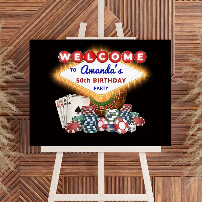 Vegas Casino Night Black Birthday Party Welcome Poster (Las Vegas Casino Theme Birthday Party Welcome Sign)